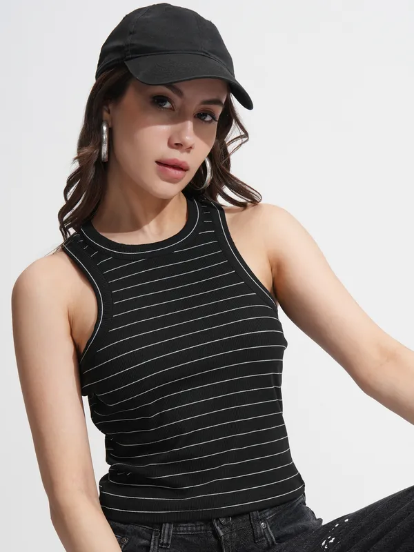 Tokyo Talkies Women Black Striped Regular Top