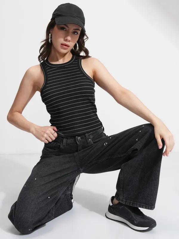 Tokyo Talkies Women Black Striped Regular Top