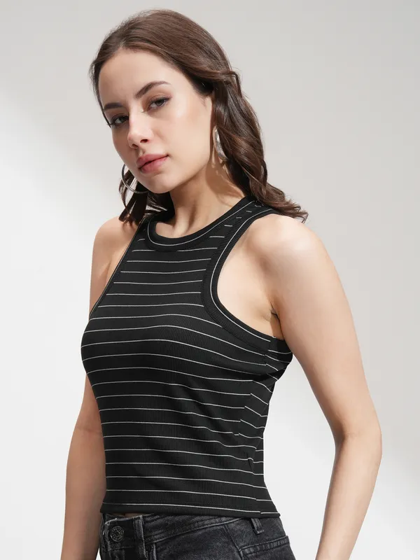 Tokyo Talkies Women Black Striped Regular Top