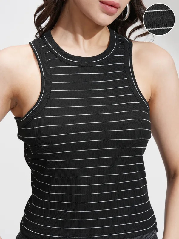 Tokyo Talkies Women Black Striped Regular Top