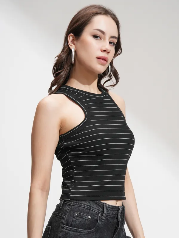 Tokyo Talkies Women Black Striped Regular Top