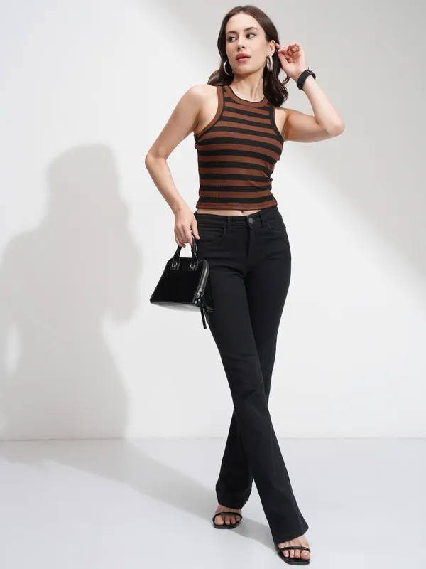 Tokyo Talkies Women Brown Striped Regular Top