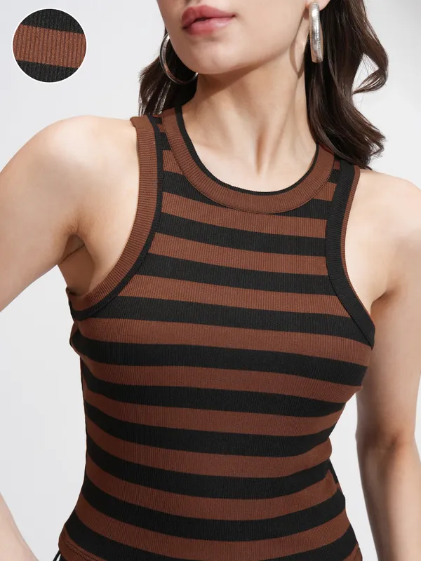 Tokyo Talkies Women Brown Striped Regular Top