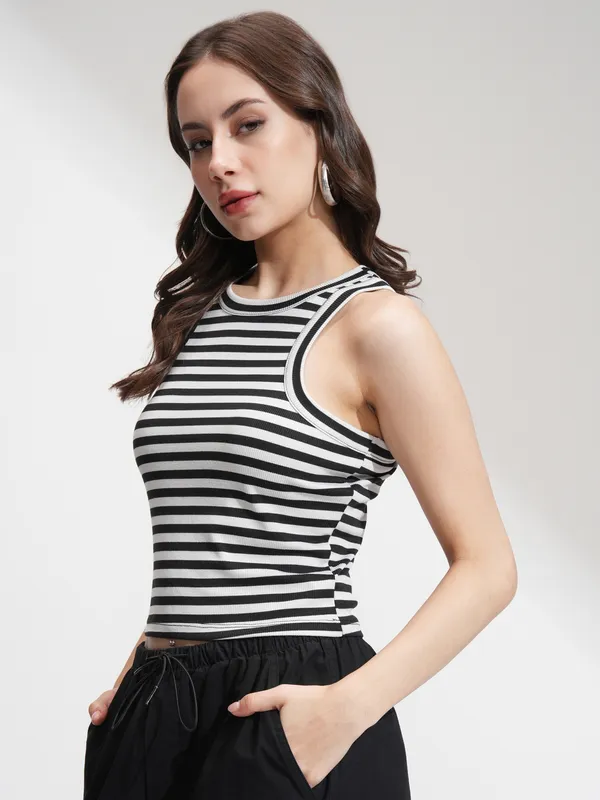 Tokyo Talkies Women Black Striped Regular Top