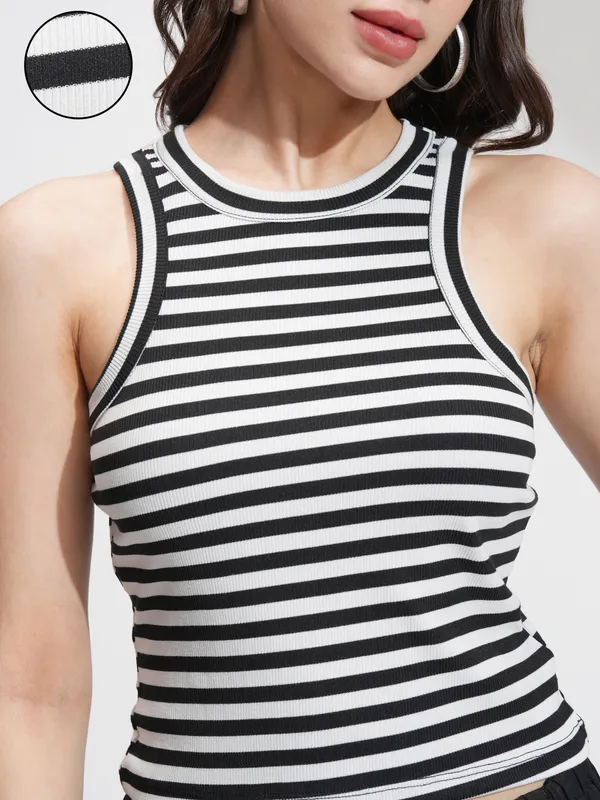 Tokyo Talkies Women Black Striped Regular Top