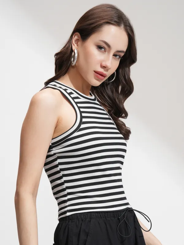 Tokyo Talkies Women Black Striped Regular Top