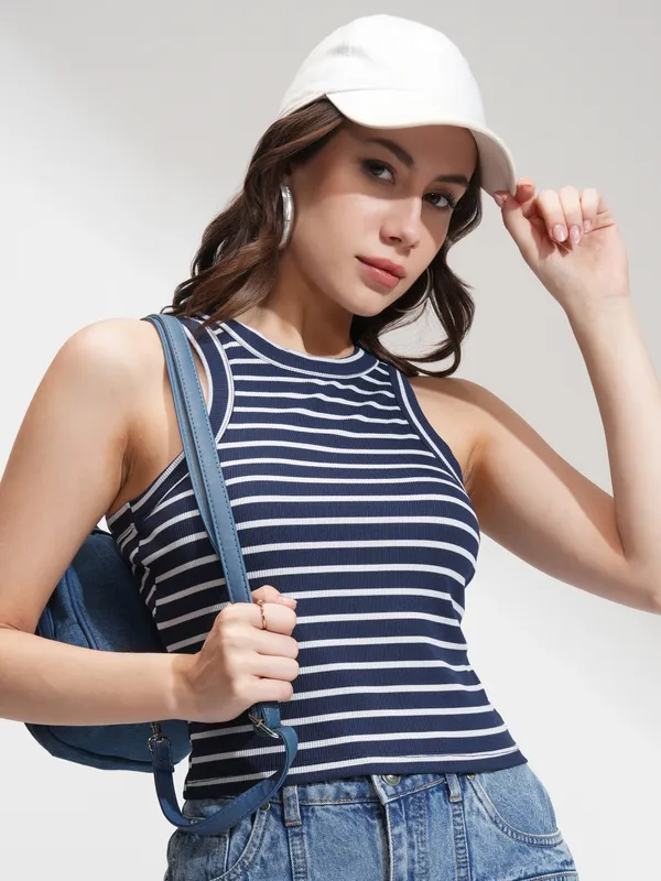 Tokyo Talkies Women Navy Blue Striped Regular Top