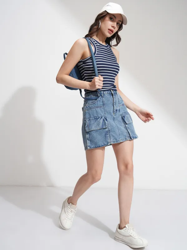 Tokyo Talkies Women Navy Blue Striped Regular Top