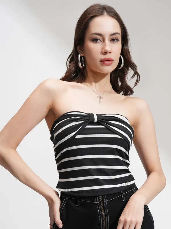 Tokyo Talkies Women Black Striped Regular Top