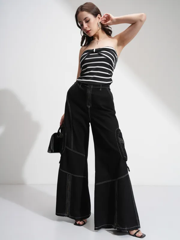 Tokyo Talkies Women Black Striped Regular Top