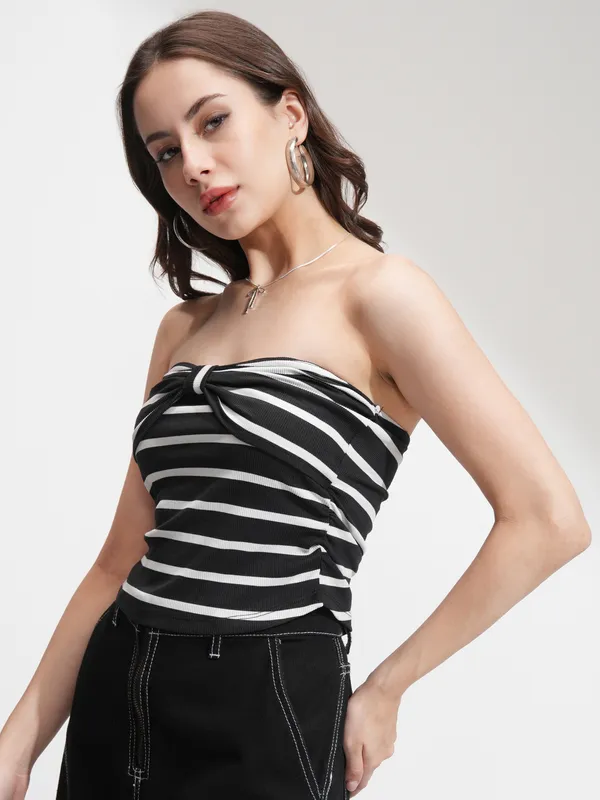 Tokyo Talkies Women Black Striped Regular Top