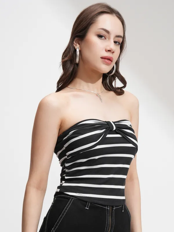 Tokyo Talkies Women Black Striped Regular Top