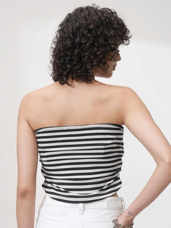 Tokyo Talkies Women Black Striped Fitted Top