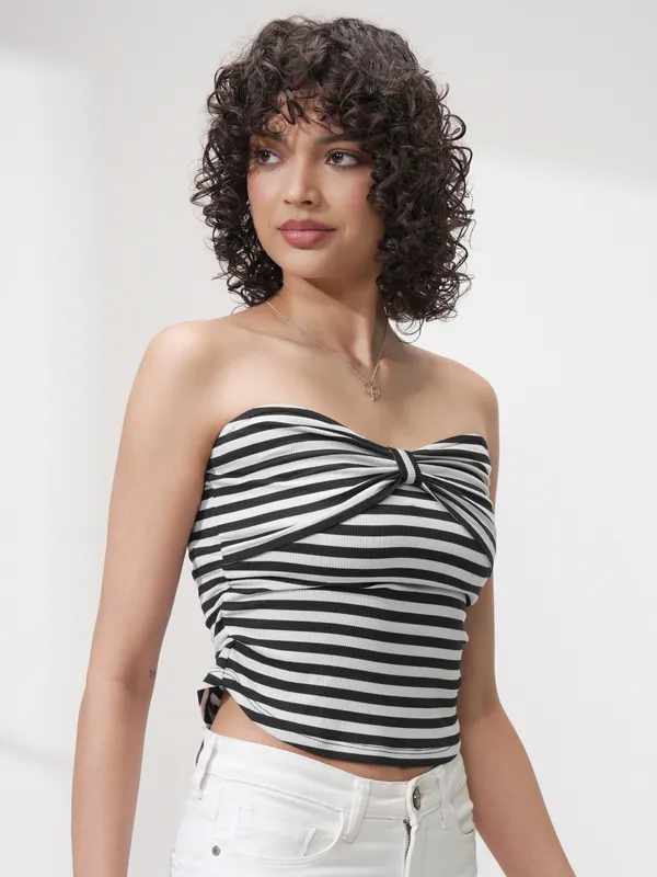 Tokyo Talkies Women Black Striped Fitted Top