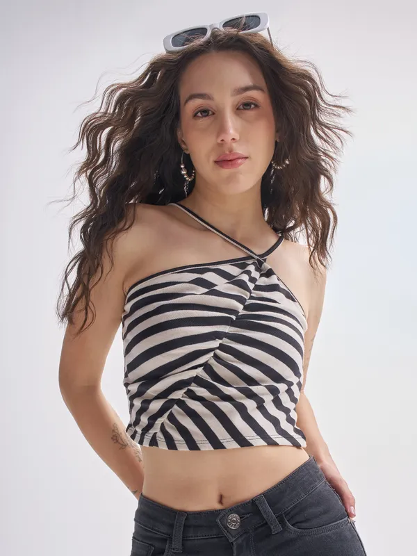 Tokyo Talkies Women Black Striped Regular Top