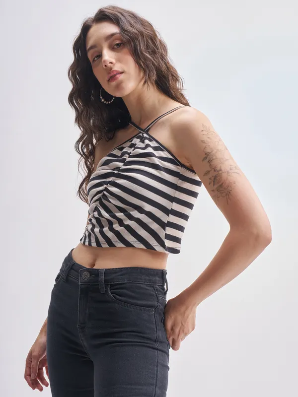 Tokyo Talkies Women Black Striped Regular Top
