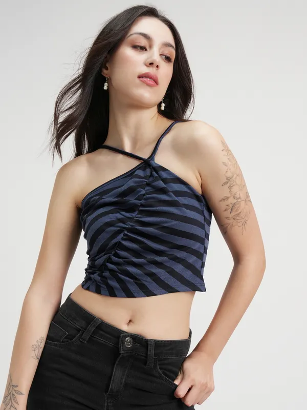 Tokyo Talkies Women Blue Striped Regular Top