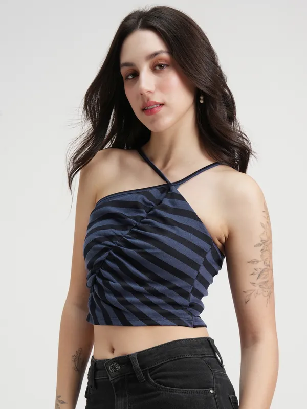 Tokyo Talkies Women Blue Striped Regular Top