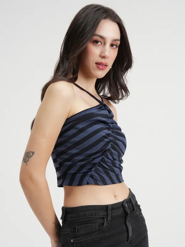 Tokyo Talkies Women Blue Striped Regular Top