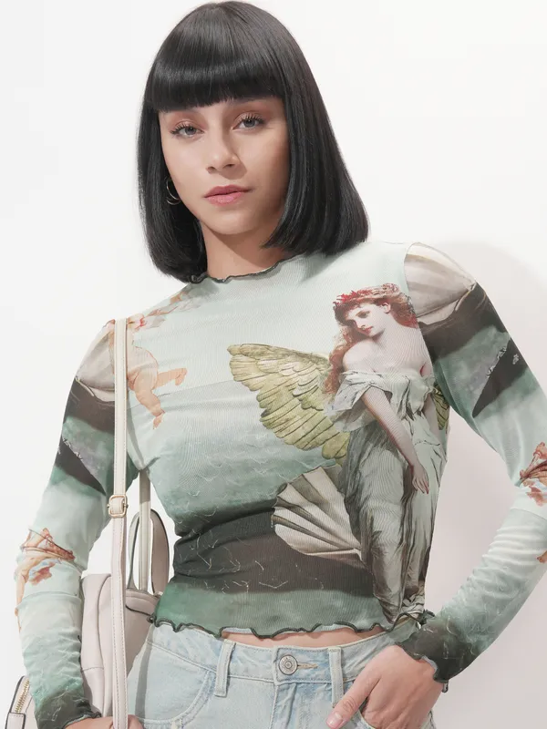 Tokyo Talkies Women Green Printed Fitted Top