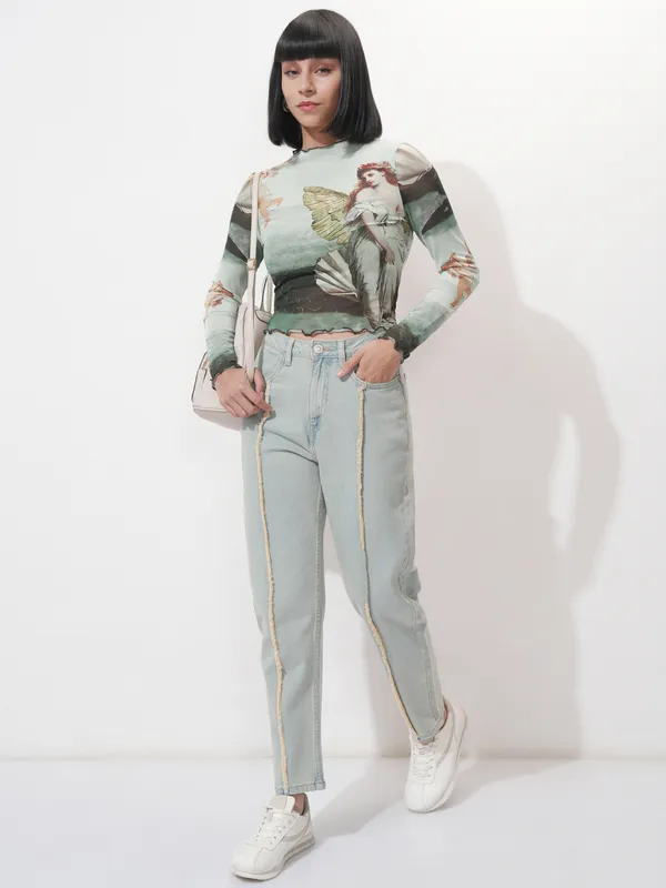 Tokyo Talkies Women Green Printed Fitted Top