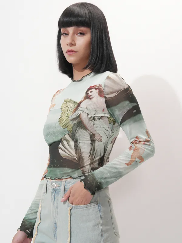 Tokyo Talkies Women Green Printed Fitted Top