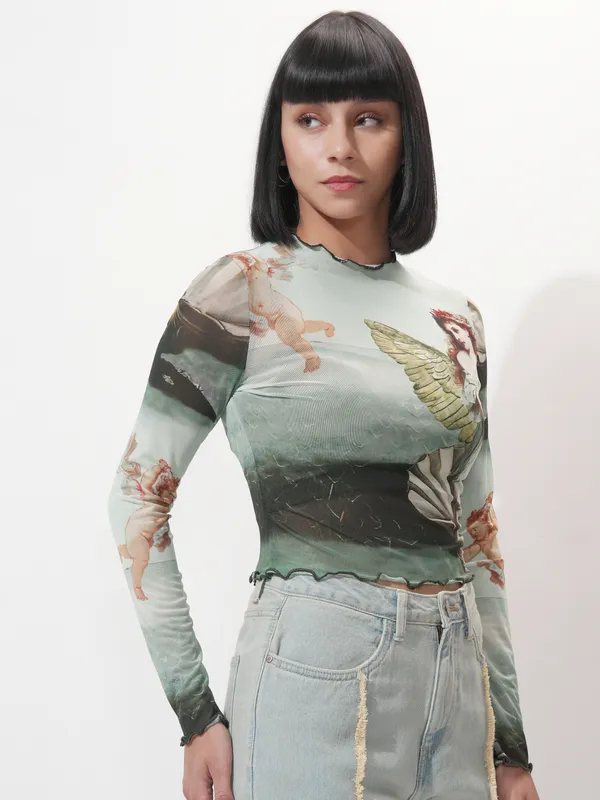 Tokyo Talkies Women Green Printed Fitted Top
