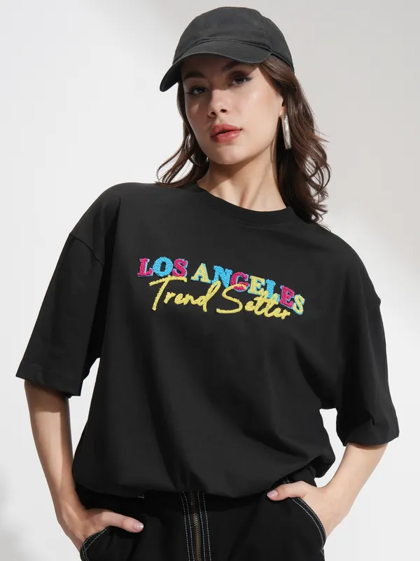 Tokyo Talkies Women Black Embroidered Regular Top