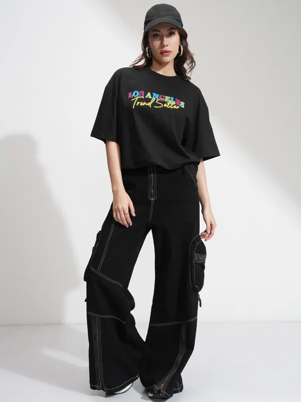 Tokyo Talkies Women Black Embroidered Regular Top