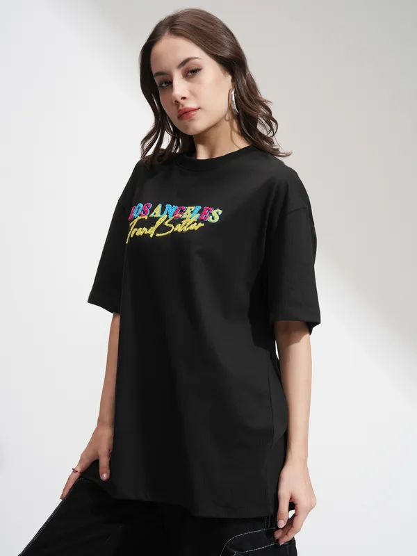 Tokyo Talkies Women Black Embroidered Regular Top
