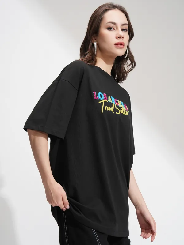 Tokyo Talkies Women Black Embroidered Regular Top