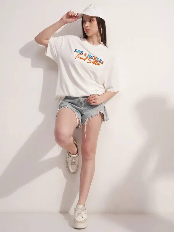 Tokyo Talkies Women White Embroidered Round Neck Oversized Fit T-Shirt
