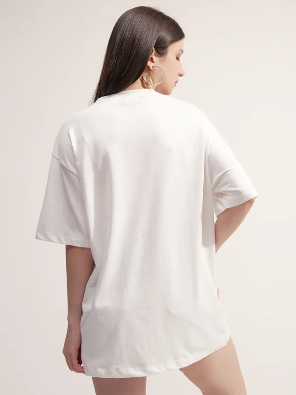Tokyo Talkies Women White Embroidered Round Neck Oversized Fit T-Shirt