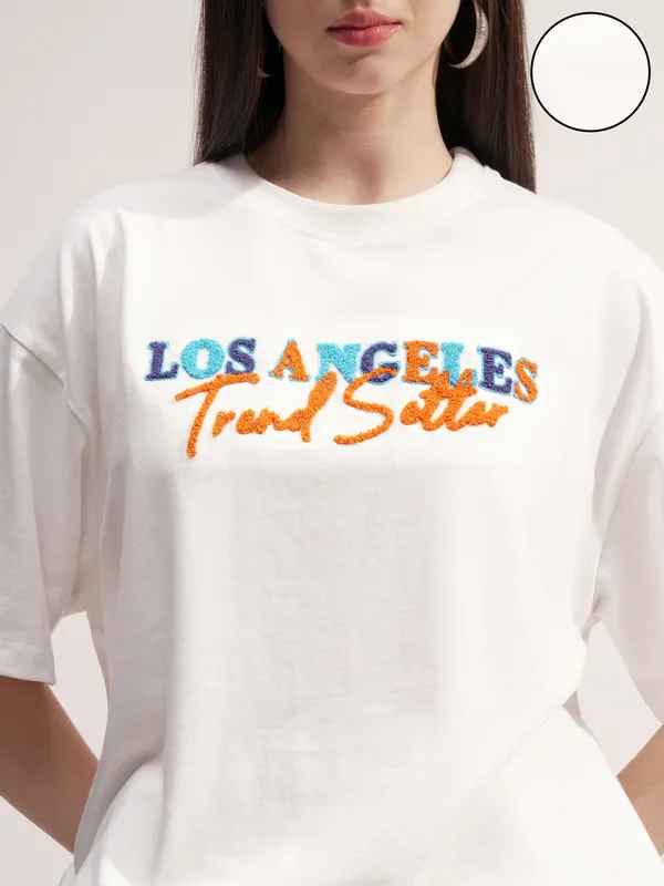 Tokyo Talkies Women White Embroidered Round Neck Oversized Fit T-Shirt