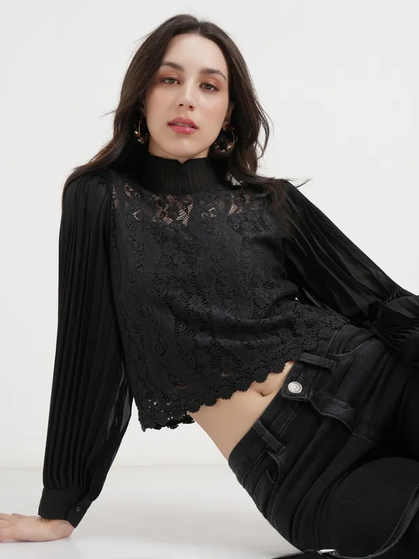 Tokyo Talkies Women Black Self Design Regular Top