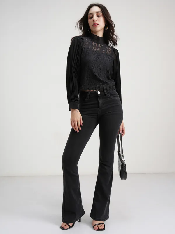 Tokyo Talkies Women Black Self Design Regular Top