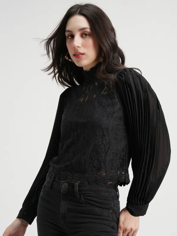 Tokyo Talkies Women Black Self Design Regular Top