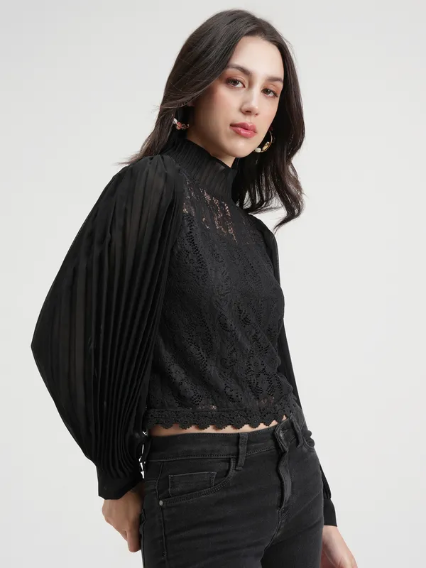 Tokyo Talkies Women Black Self Design Regular Top