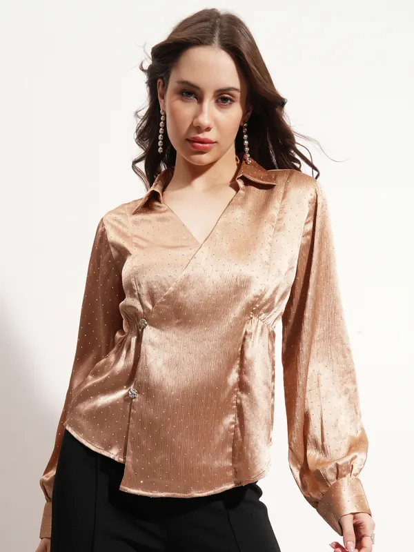 Tokyo Talkies Women Beige Embellished Wrap Top