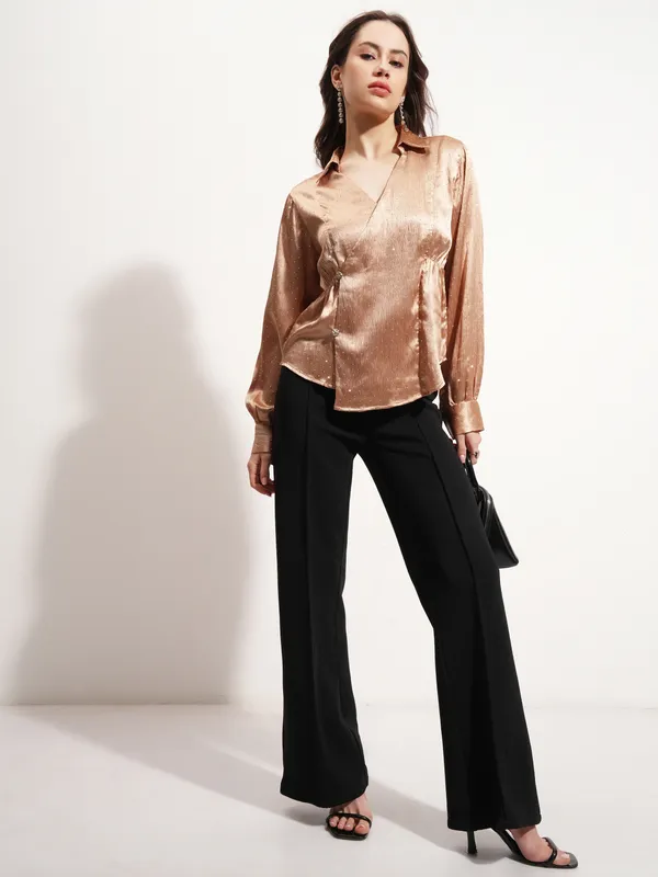 Tokyo Talkies Women Beige Embellished Wrap Top