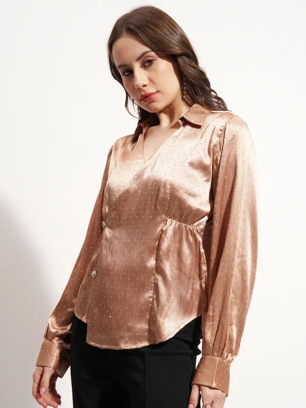 Tokyo Talkies Women Beige Embellished Wrap Top