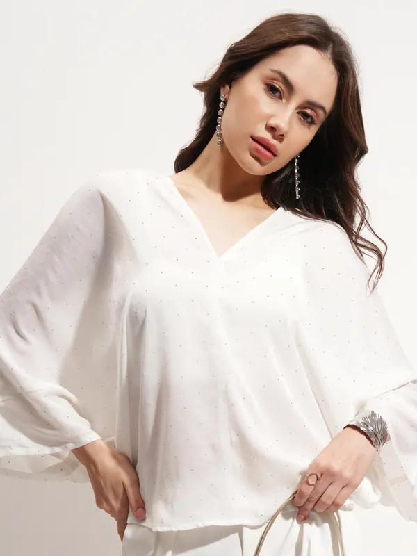 Tokyo Talkies Women White Embellished Regular Top