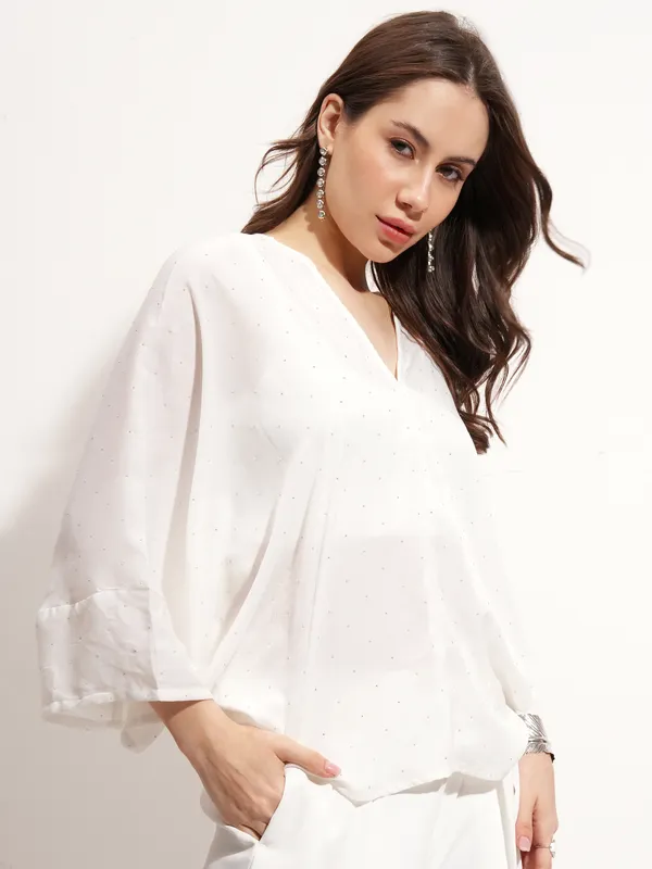 Tokyo Talkies Women White Embellished Regular Top