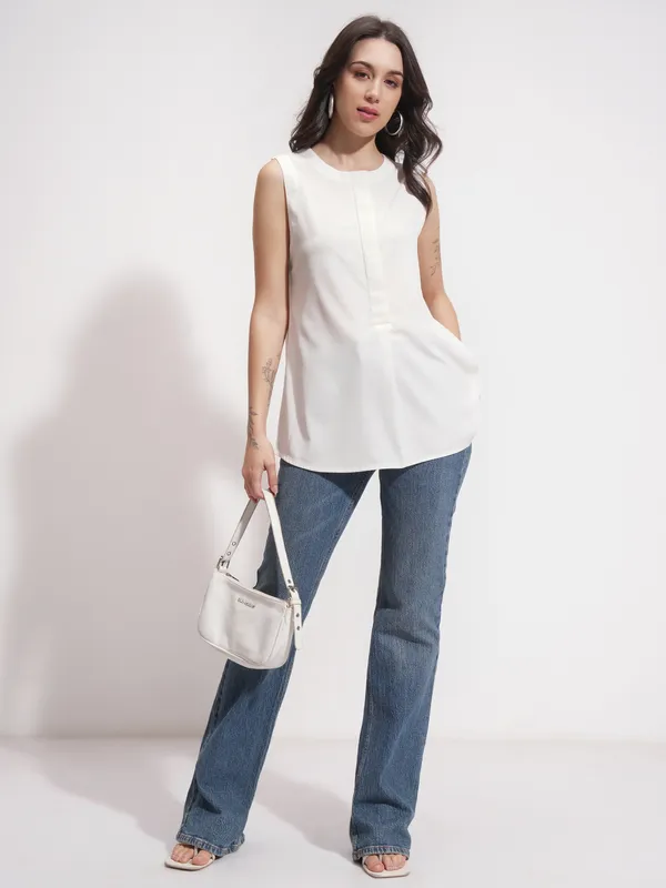 Tokyo Talkies Women White Solid A-Line Top