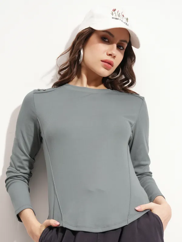 Tokyo Talkies Women Grey Solid Regular Top
