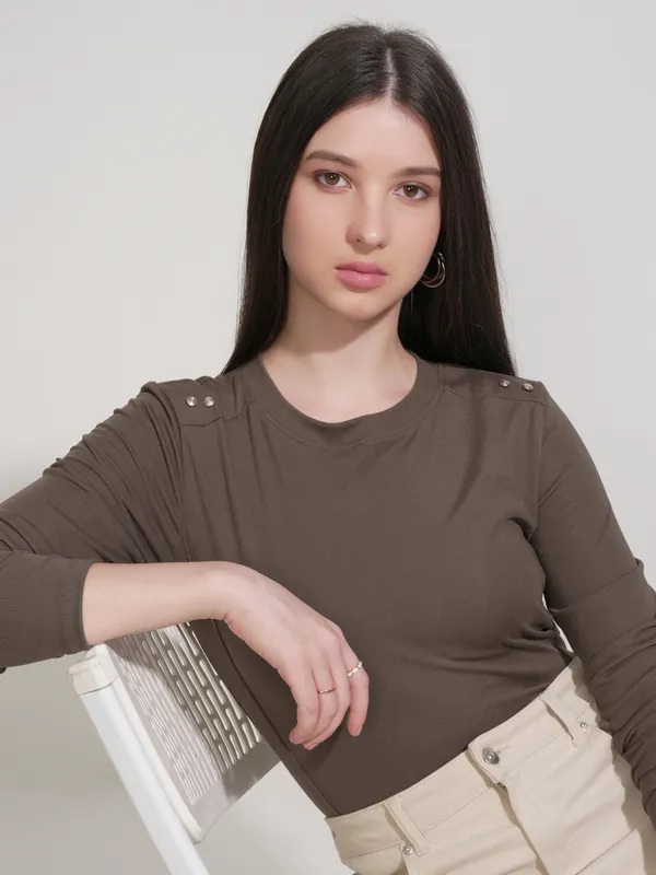 Tokyo Talkies Women Brown Solid Fitted Top