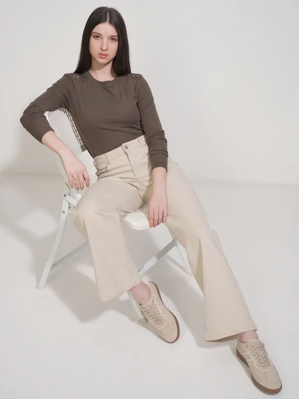 Tokyo Talkies Women Brown Solid Fitted Top