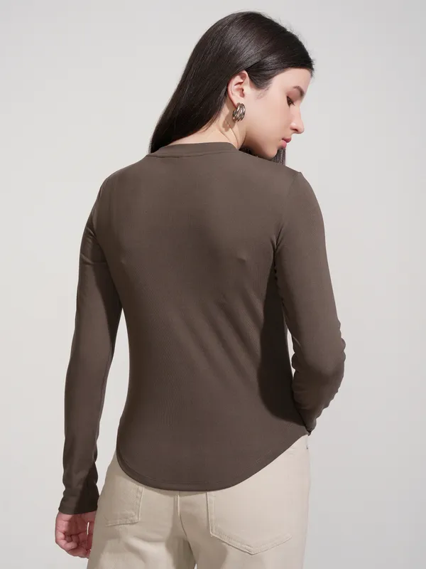 Tokyo Talkies Women Brown Solid Fitted Top