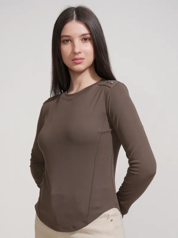 Tokyo Talkies Women Brown Solid Fitted Top