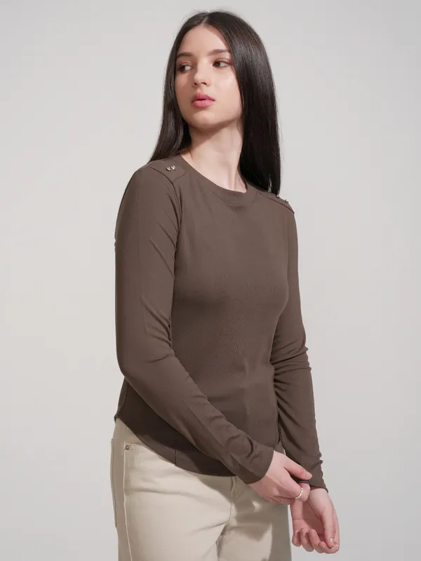 Tokyo Talkies Women Brown Solid Fitted Top